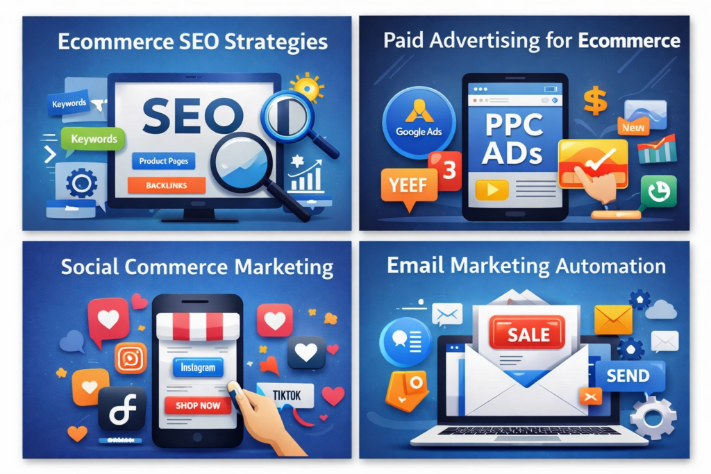 Discover proven digital marketing strategies for ecommerce growth in 2026 using SEO, AI, PPC, social commerce, email automation & omnichannel tactics.
