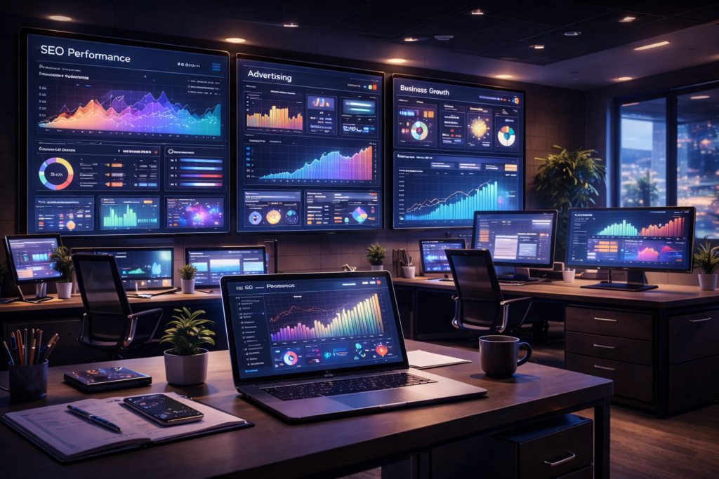 Professional digital marketing agency workspace with SEO and advertising analytics dashboards