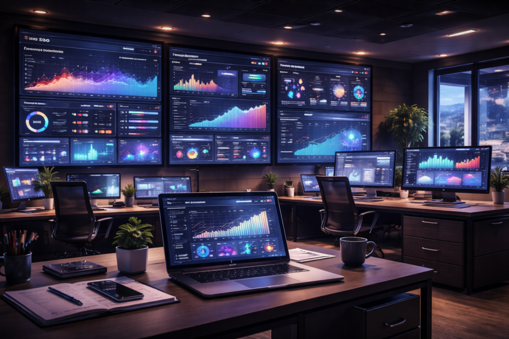 Digital marketing analytics dashboard showing SEO, PPC, social media performance and business growth metrics