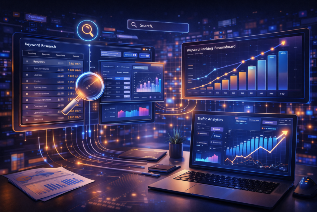 Search engine optimization process showing keyword research, website ranking improvement and traffic growth visualization