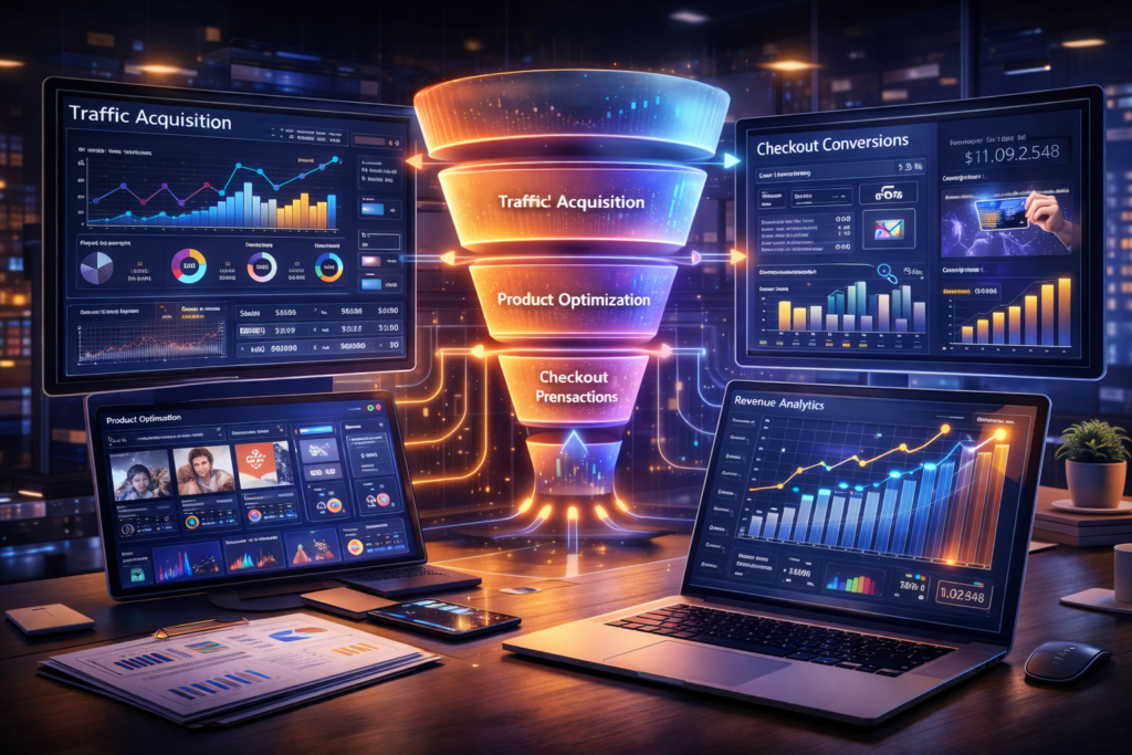 Social media marketing strategy showing content creation, engagement analytics and brand growth visualization