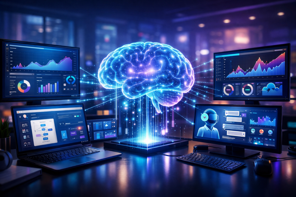 AI-powered digital marketing workspace with analytics dashboards and automation visualization