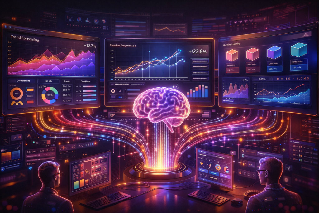 AI predictive analytics dashboard with 3D graphs, machine learning insights, and real-time data visualization