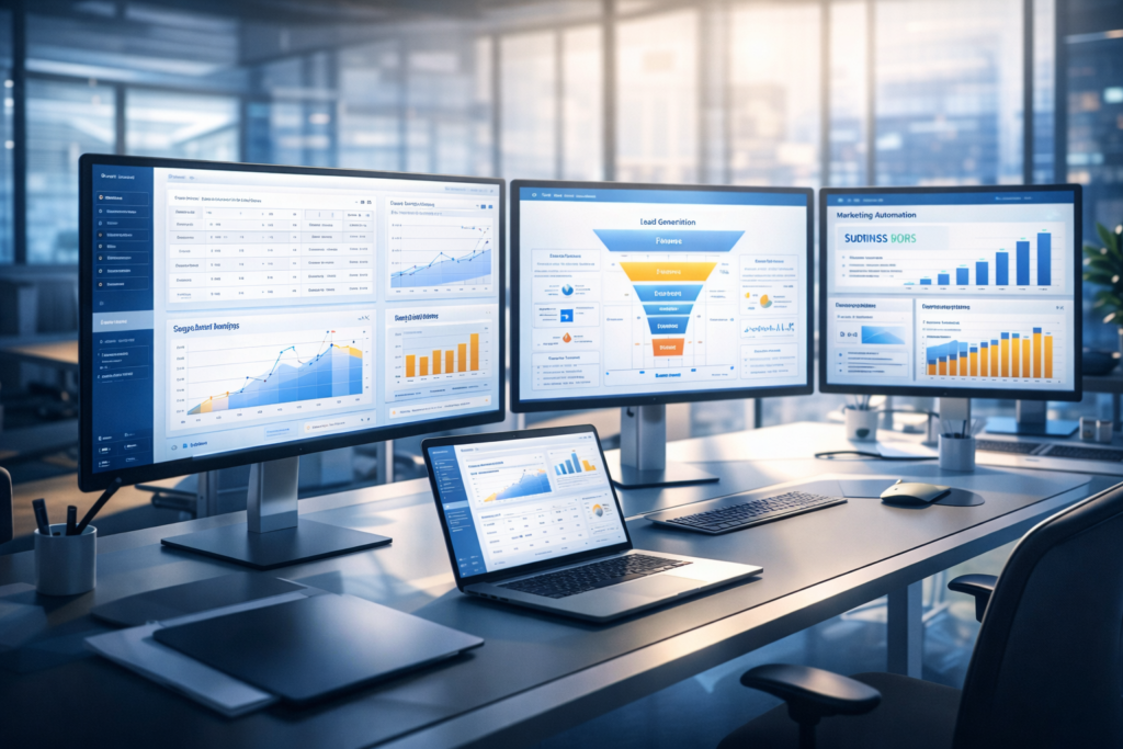 Digital marketing services workspace showing SEO analytics dashboards, growth metrics and automation systems