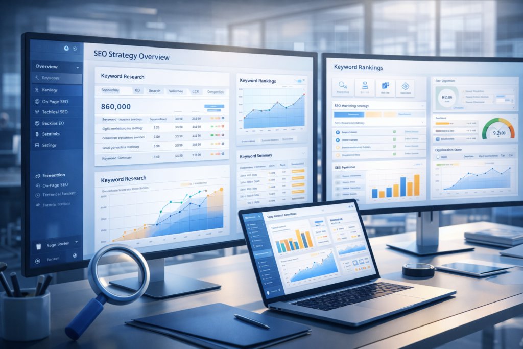 Lead generation funnel showing traffic growth and conversion optimization workflow